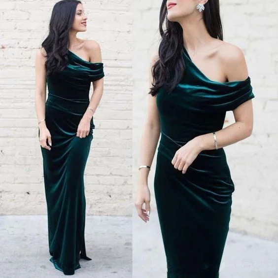 women's cold-shoulder dressesRoycebridal Unique Long Emeral Green Velvet Bridesmaid Dresses One Shoulder Wedding Guest Dress