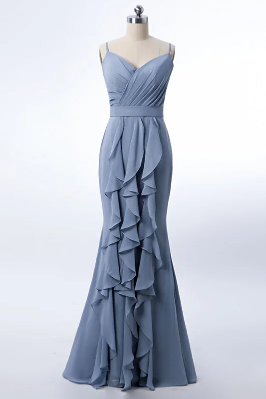 women's cocktail dressesDusty Blue Formal Dress Mermaid Wedding Guest Dress Chiffon with Ruffles