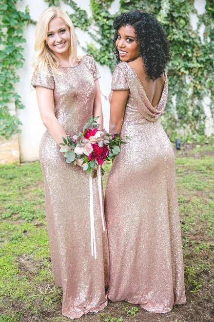 Peter Pan Collar DressMetallic Rose Gold Bridesmaid Dress Sequin Wedding Guest Dresses with Sleeves