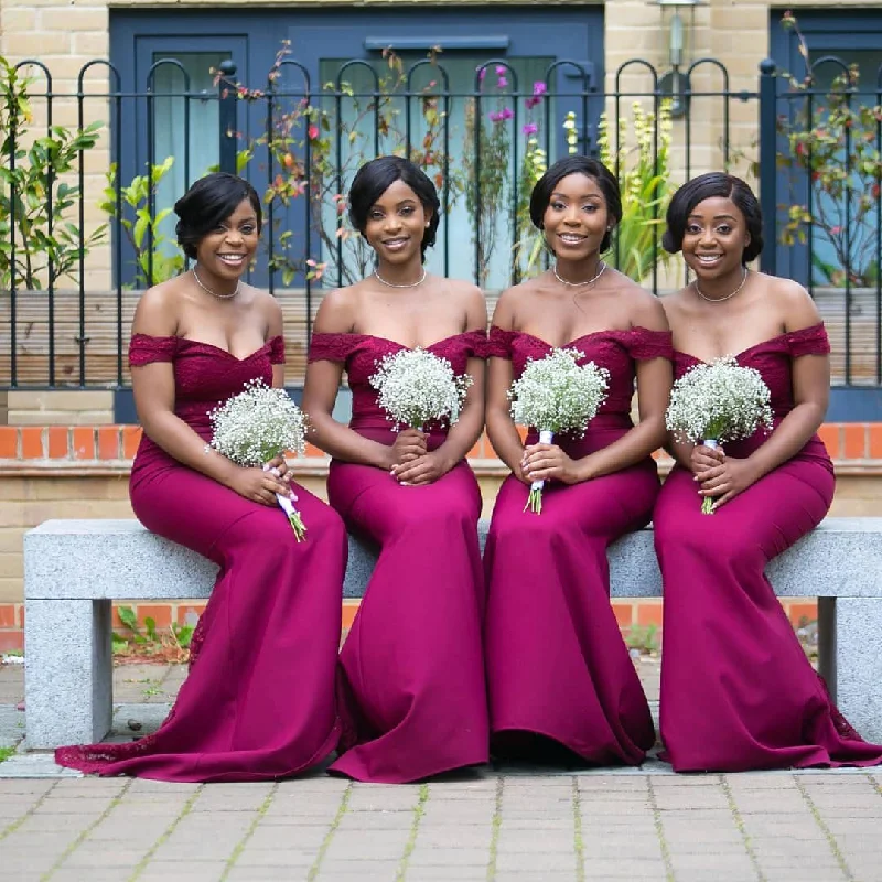 women's neon dressesMermaid Lace Burgundy Bridesmaid Dresses Off the Shoulder