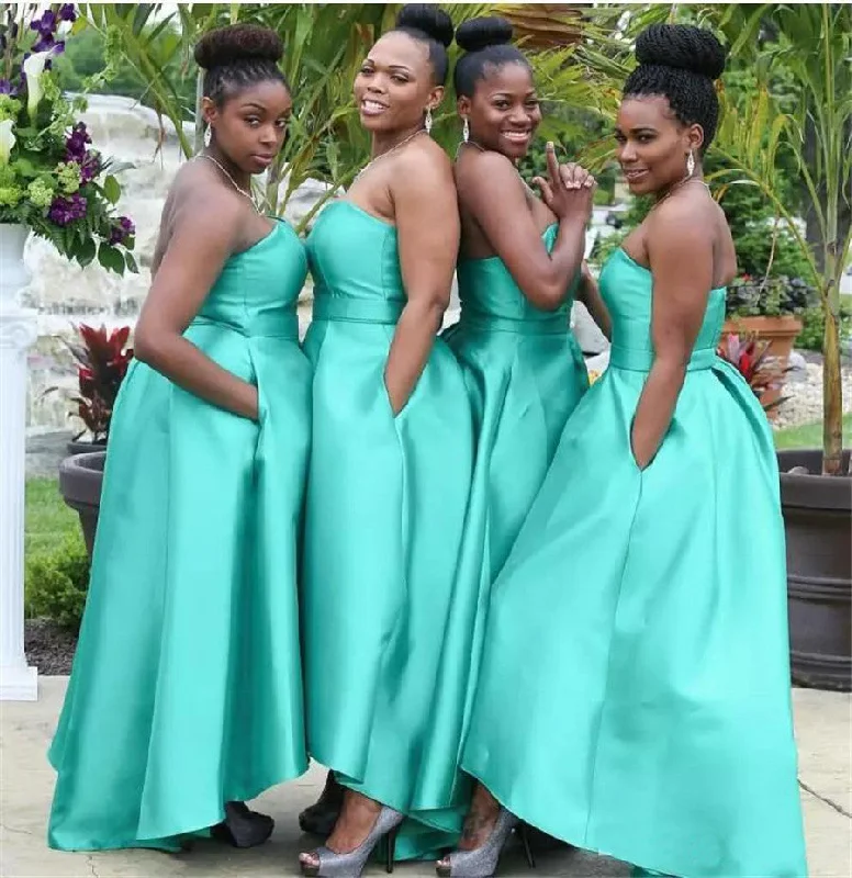 women's lace-up dressesMermaid Satin High Low Turquoise Bridesmaid Dresses with Pockets