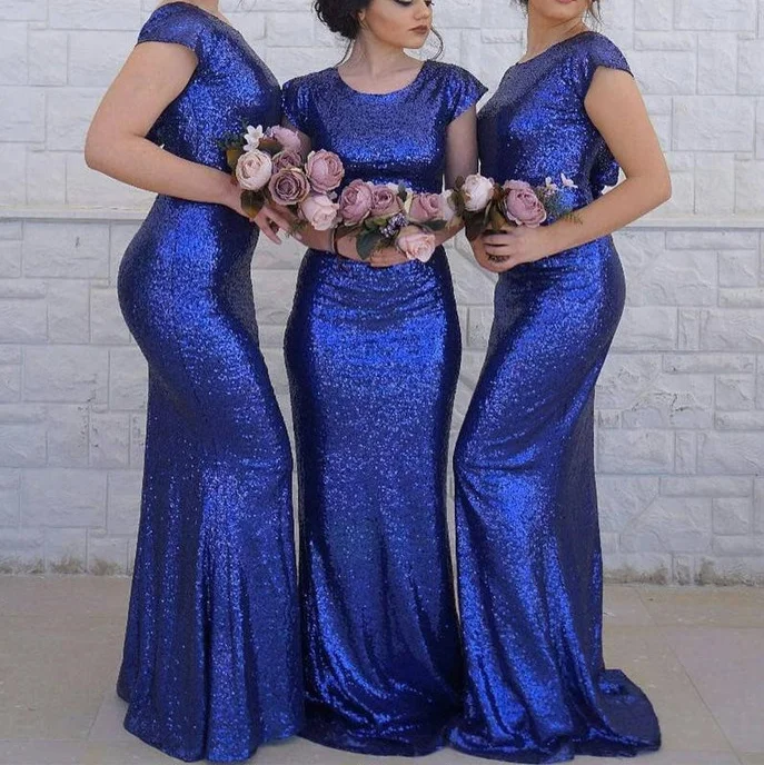 women's work dressesRoycebridal Mermaid Cap Sleeves Sequin Royal Blue Bridesmaid Dress