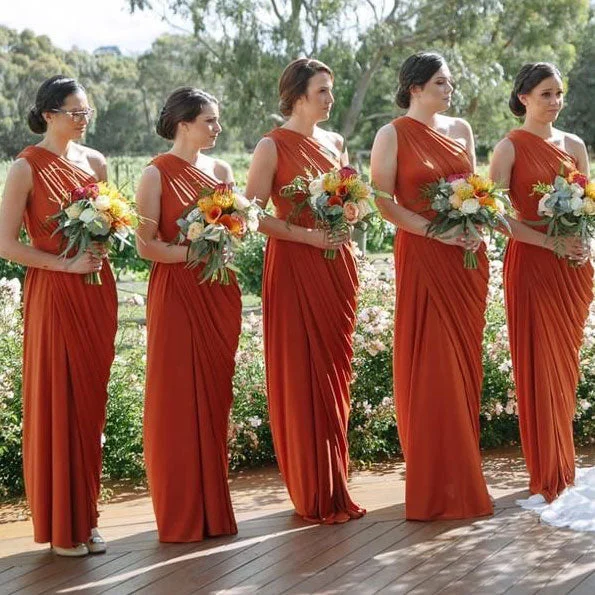 women's stylish dressesRoycebridal Sheath One Shoulder Rust Orange Bridesmaid Dresses Ruffles