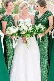 High-Neck DressCheap Green Sequin Bridesmaid Dresses Long Emerald Wedding Guests Dress Draped