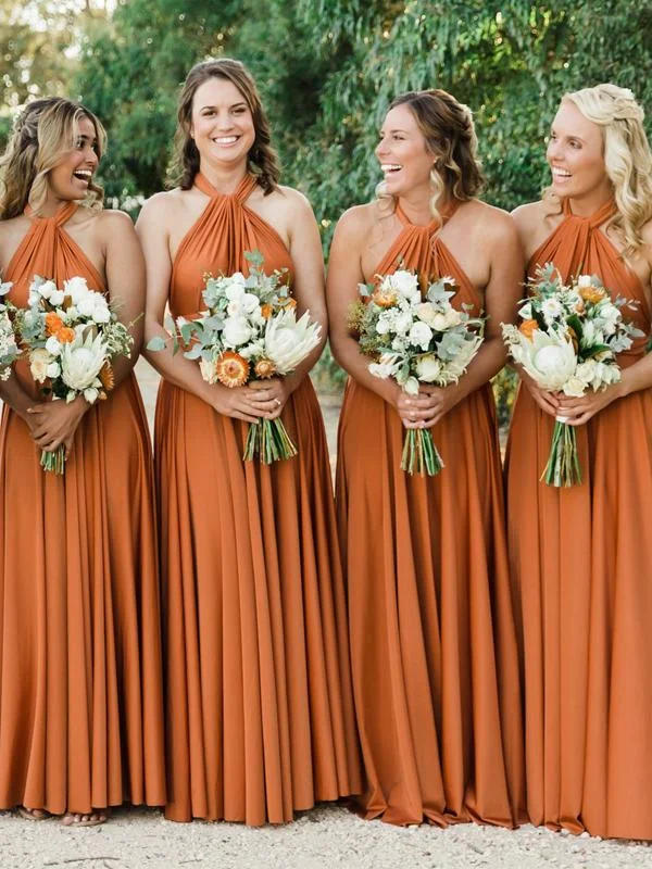 Zipper DressRoycebridal Sexy A-Line Burnt Orange Bridesmaid Dresses Long Halter Backless