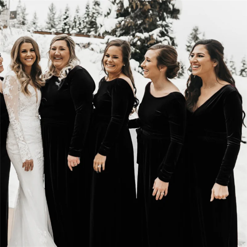 Maternity DressRoycebridal Long Sleeves Black Velvet Bridesmaid Dresses Winter Floor Length