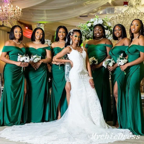 women's pastel dressesRoycebridal Sexy Black Girl Emerald Green Bridesmaid Dresses Off Shoulder Mermaid Soft Satin