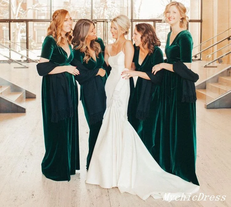 Long-Sleeve DressRoycebridal Winter Emerald Green Bridesmaid Dresses Velvet Wedding Guest Dress Short Sleeves