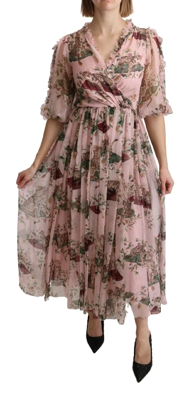 women's flutter-sleeved dressesDolce & Gabbana Elegant Pink Bengal Cat Print A-Line Maxi Dress