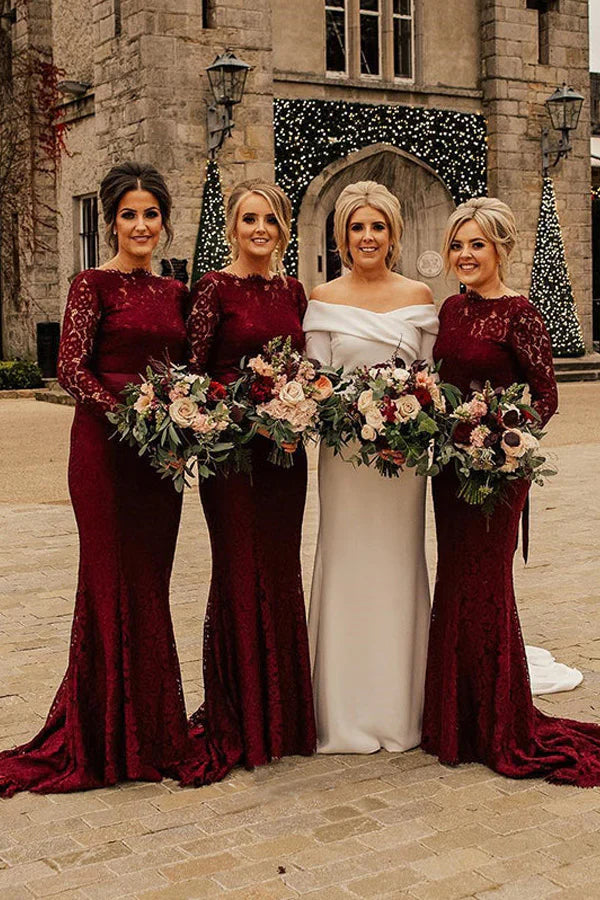 women's short-sleeved dressesFloor Length Long Sleeves Burgundy Bridesmaid Dresses Lace Mermaid Belt