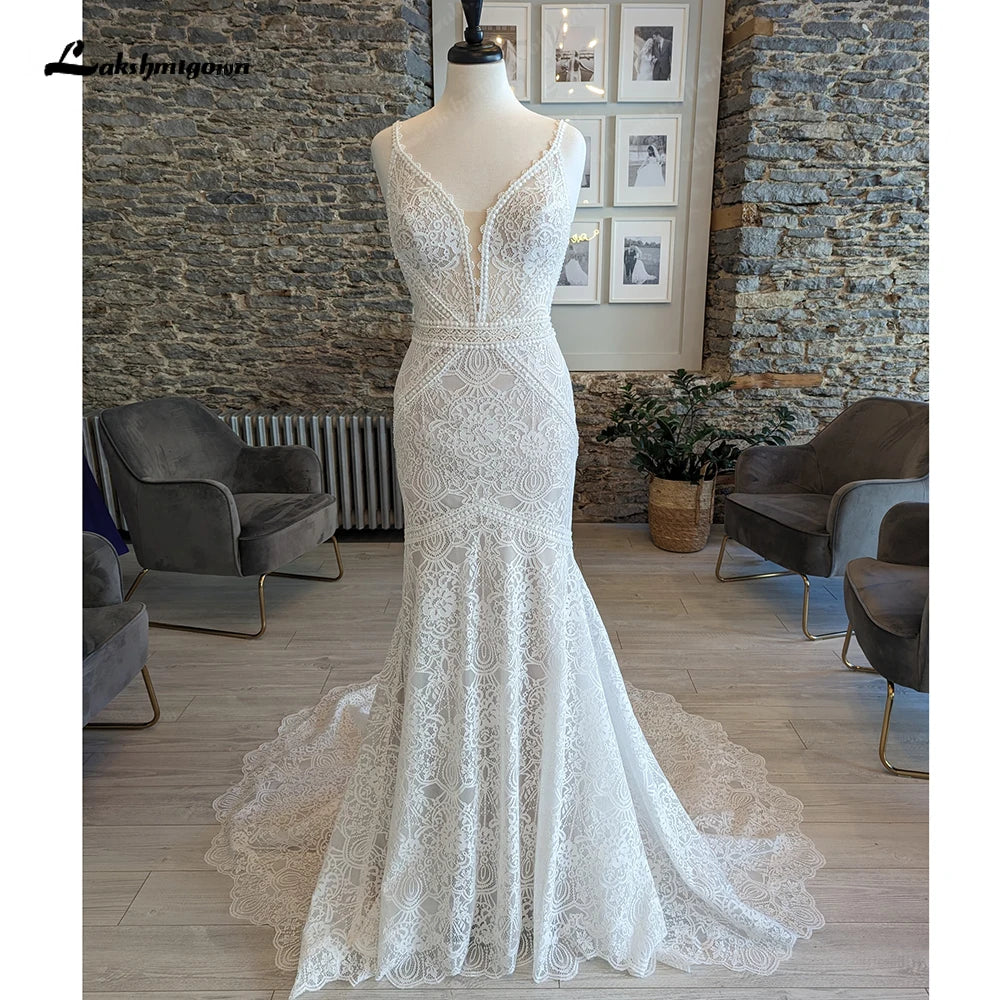 Beaded DressRomantic Lace Floral Mermaid Court Train Wedding Dress for Women  Civil Boho Bridal Gown vestido de fiesta de boda