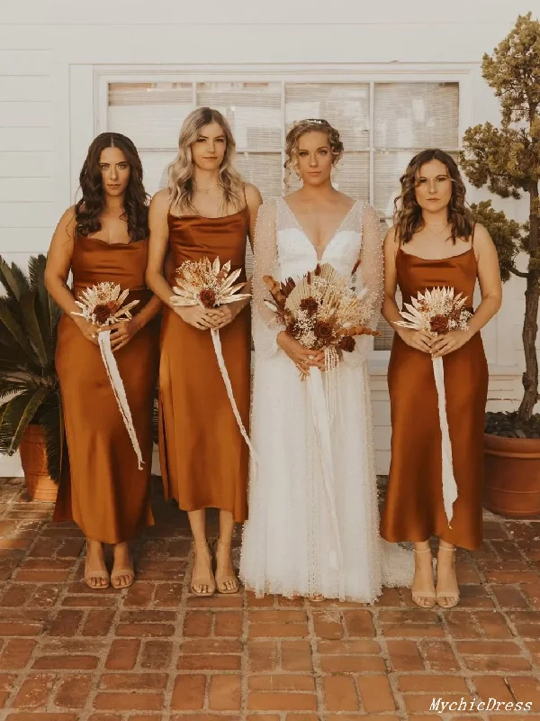 Bridesmaid DressSimple Long Discount Rust Bridesmaid Dresses Sheath Wedding Guest Dress