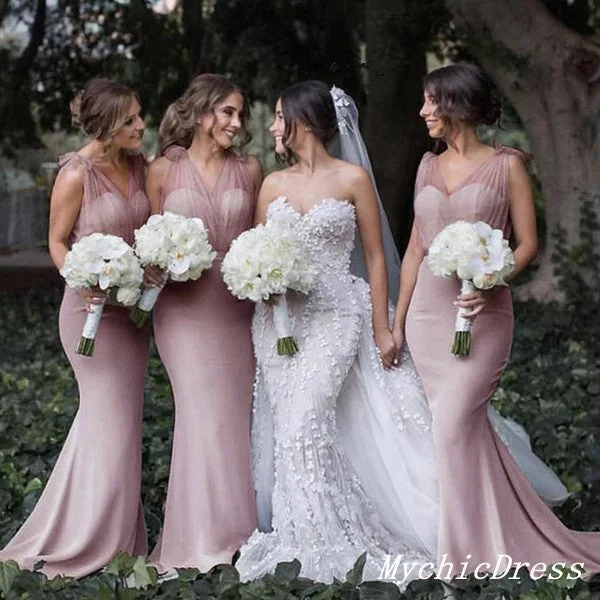 women's curve-hugging dressesRoycebridal Simple Dusty Pink Wedding Guest Dress Boho Bridesmaid Dresses Tulle Straps