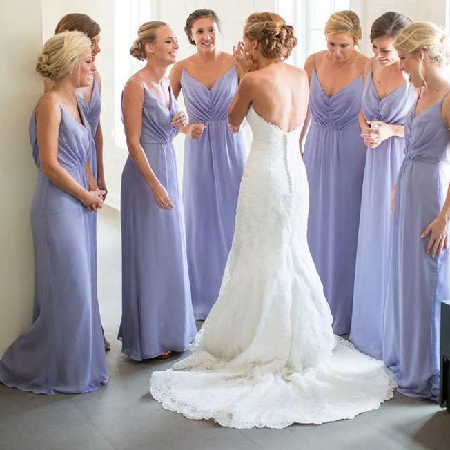 Vintage DressSimple Pleated Lavender Bridesmaid Dresses Long V-Neck Wedding Guest Dress