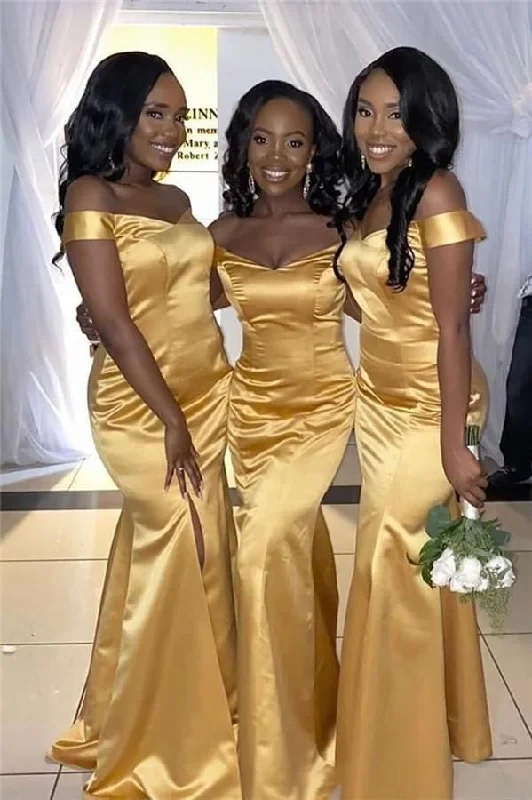 women's checkered dressesSexy African Gold Bridesmaid Dresses Mermaid Cheap Guest Gowns