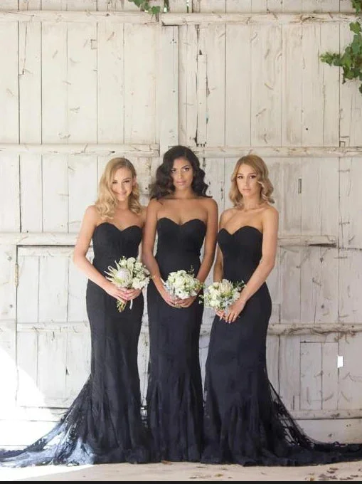 women's bow dressesRoycebridal Hot Mermaid Lace Bridesmaid Dresses Black Sweetheart Sleeveless