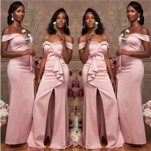 Cold-Shoulder DressOff the Shoulder Pink Satin Bridesmaid Dresses Long Wedding Guest Dress