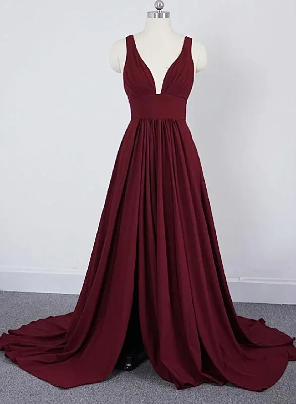 women's casual dressesLong Straps V Neck Burgundy Beach Wedding Guest Dress High Slit