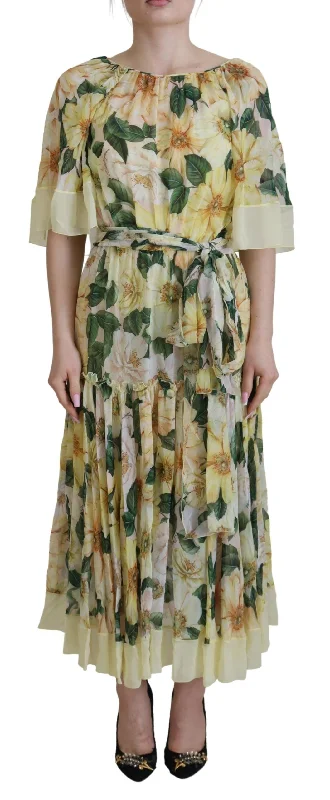 women's striped dressesDolce & Gabbana Floral Silk Pleated Maxi Dress