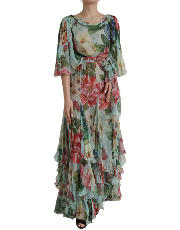 women's maxi dressesDolce & Gabbana Blue Floral Print Tiered Long Maxi Dress