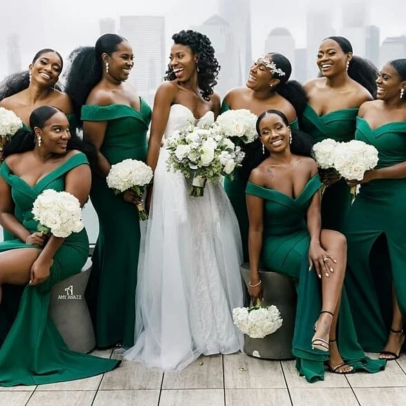 women's made-to-order dressesRoycebridal Sexy Mermaid Off the Shoulder Satin Green Bridesmaid Dresses