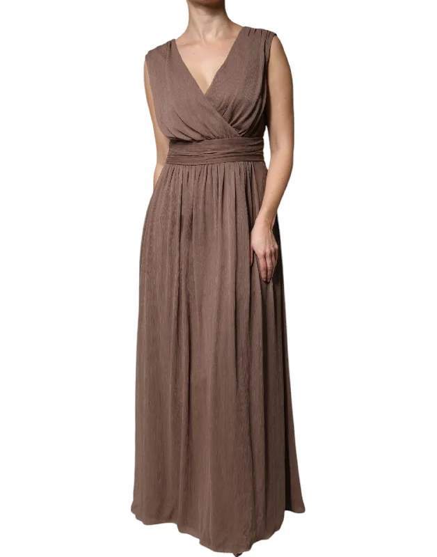 Plus-Size DressPeserico Brown Sleeveless Deep V-neck A-line Long Maxi Dress