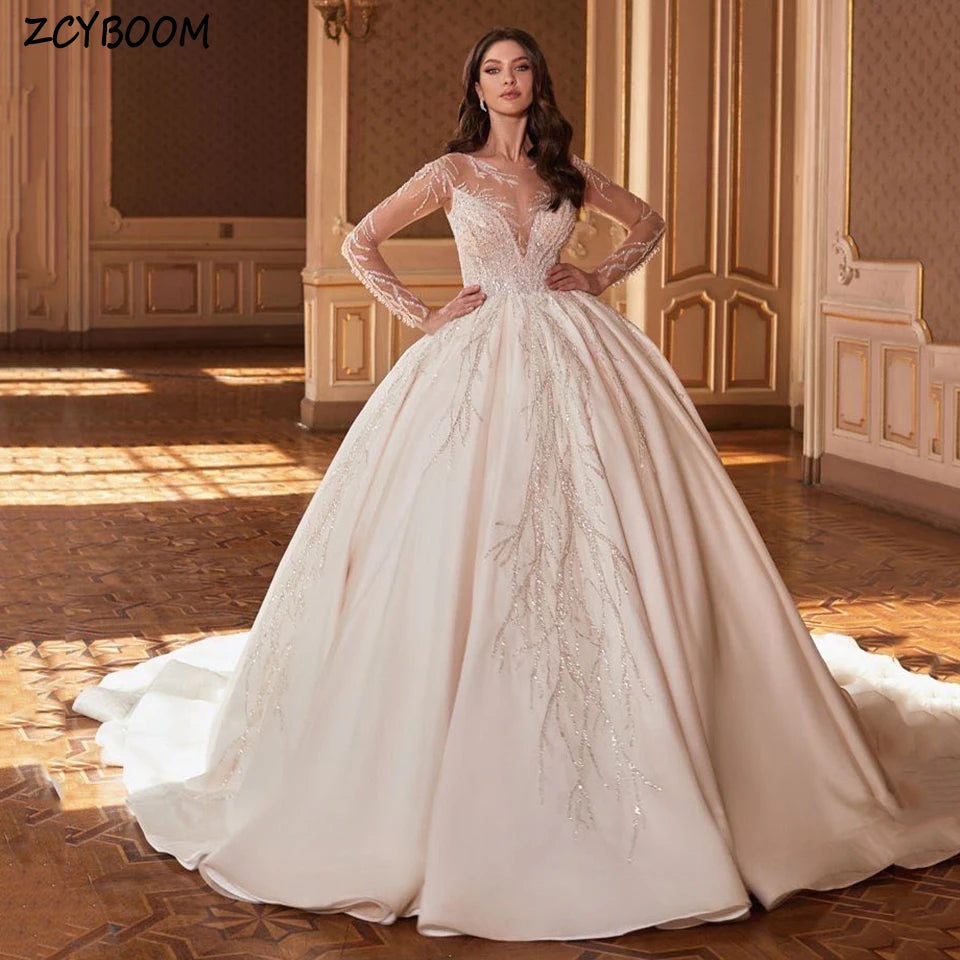 Solid Color DressLuxury White O-Neck Sequin Appliques Long Sleeves For Women Wedding Dress 2023 Ball Gown Floor Length Sweep Train Bridal Gown