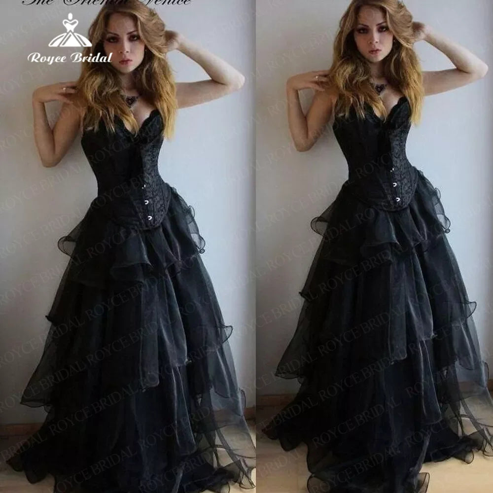 Casual DressBlack Organza With Lace Applique Sweetheart Sleeveles A Line Wedding Dress Customize Tiered Ruched Bridal Gown robe de mariée