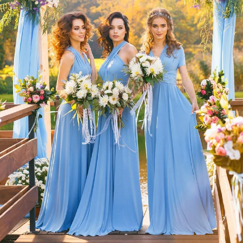 women's solid color dressesRoycebridal A-Line Chiffon Convertible Sky Blue Bridesmaid Dress