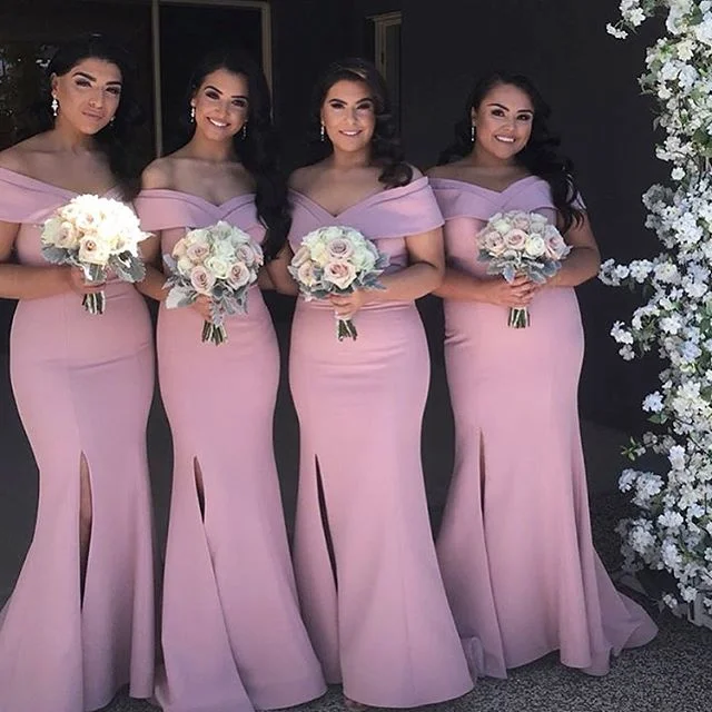 women's short-sleeved dressesRoycebridal Sexy Mermaid Pink Bridesmaid Dresses Off the Shoulder