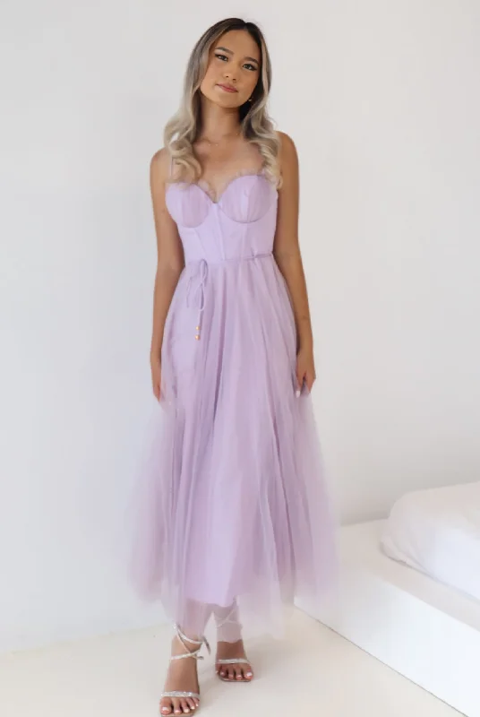 women's lace-up dressesCindy Tulle Midi Dress - Lilac