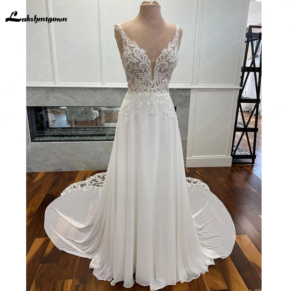 women's handmade dressesLuxury Civil Chiffon Wedding Gowns Open Back Vintage Bridal Boho Long Wedding Dresses Lace Appliques V neck Vestido Boda