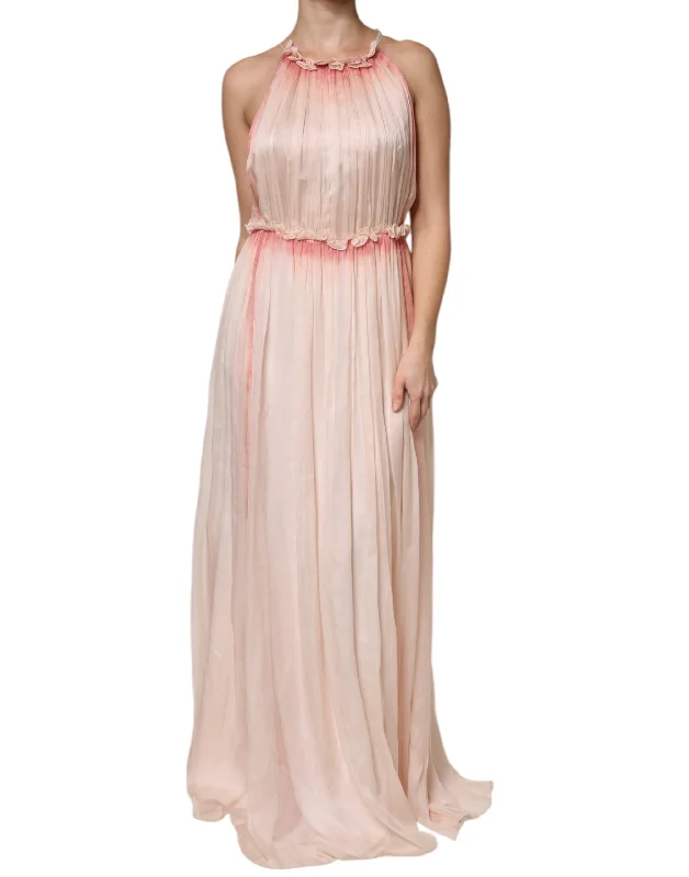 Zip-Up DressAlberta Ferretti Pink Sleeveless Pleated A-line Maxi Dress