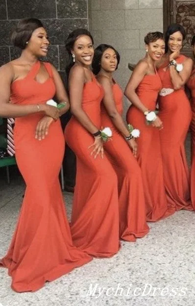 women's sustainable dressesLong Orange Wedding Guest Dresses Mermaid One Shoulder Bridesmaid Dress