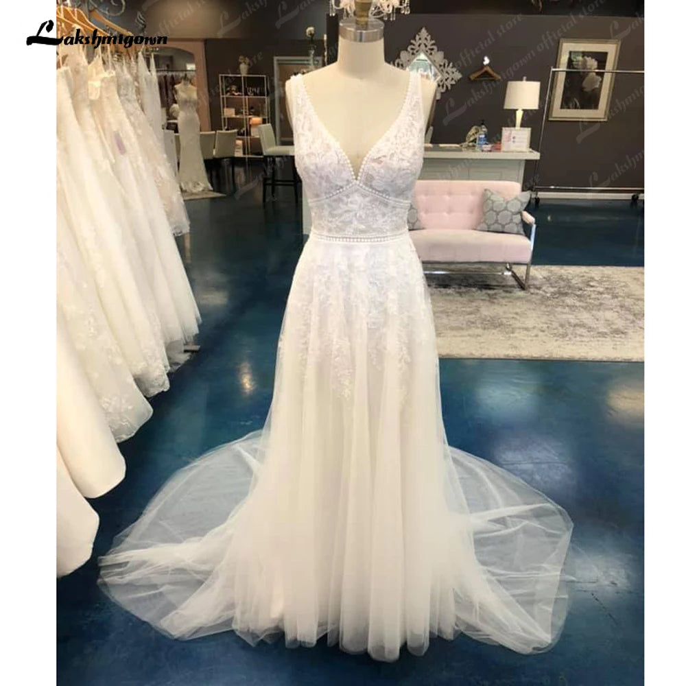 Sleeveless DressRoycebridal Princess Lace Appliques A Line Wedding Dress for Women Wedding Gowns V Neck Robe De Mariage Sexy