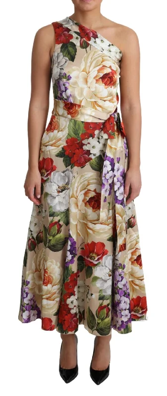 women's long-sleeved dressesDolce & Gabbana Elegant One-Shoulder Floral Silk Maxi Dress