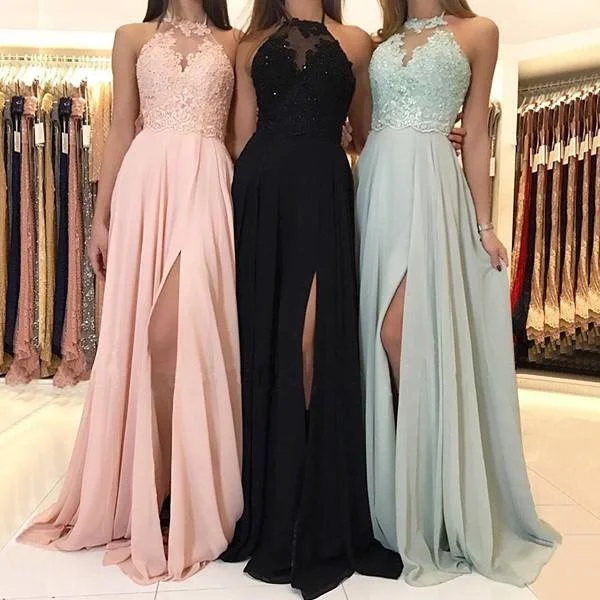 women's hourglass figure dressesElegant Long Chiffon Lace Halter Bridesmaids Dresses