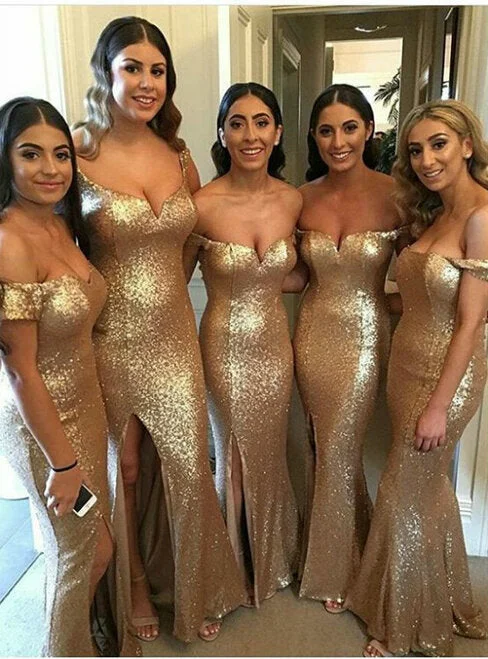 women's empire waist dressesHot Off the Shoulder Mermaid Gold Sequin Bridesmaid Dresses with Split