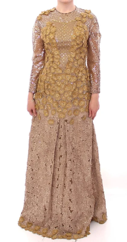 women's body-skimming dressesLanre Da Silva Ajayi Exquisite Gold Lace Maxi Dress with Crystals