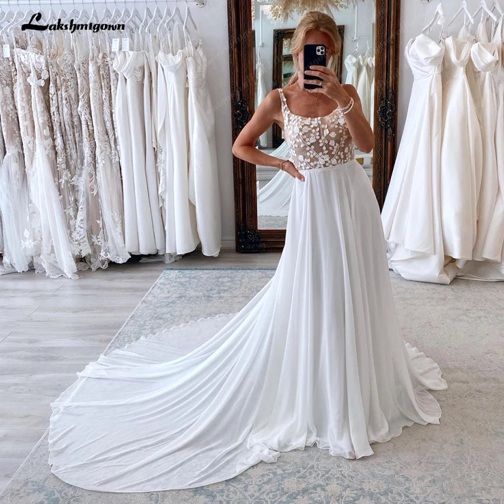 Glitter DressRoycebridal Lace Chiffon Wedding Dresses A-Line Appliques Scoop Neck Spaghetti Straps Bridal Gowns Princess Backless