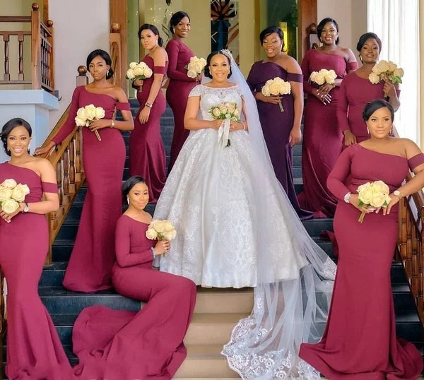 Wedding DressAfrican Burgundy Bridesmaid Dresses One Shoulder Long Mermaid Wedding Party Dress