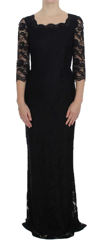 women's petite dressesDolce & Gabbana Elegant Black Floral Lace Maxi Dress