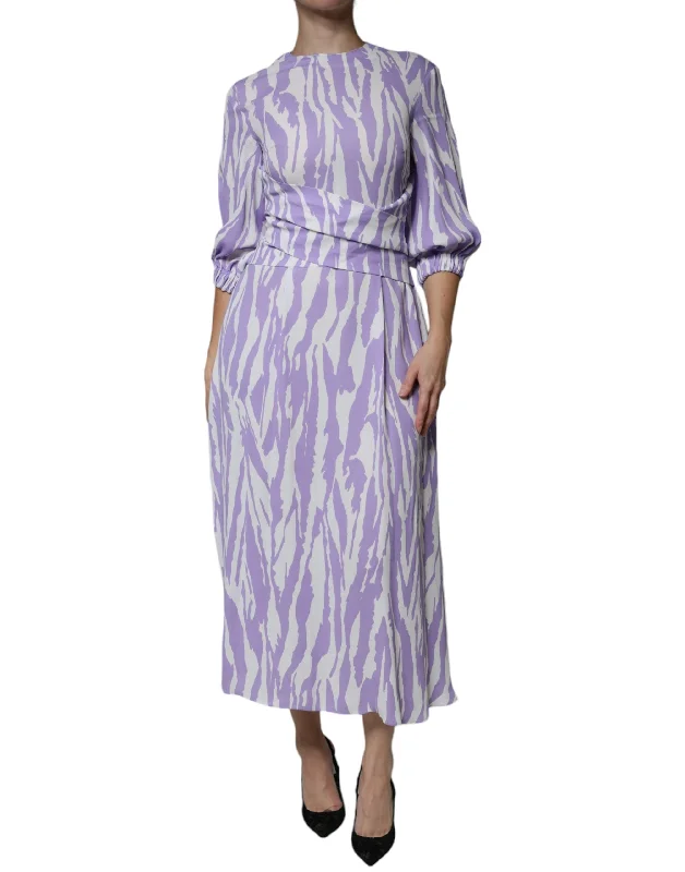 Retro DressMSGM White Purple Patterned Viscose Short Sleeves Maxi Dress