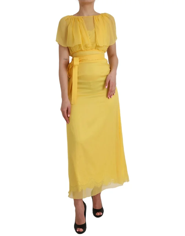 women's shift dressesDolce & Gabbana Yellow Silk Sheath Belted Long Maxi Dress