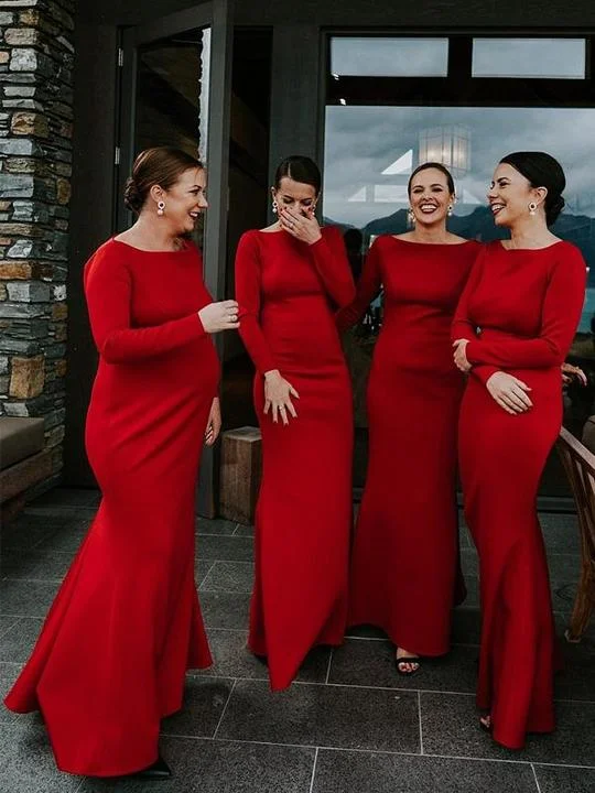 women's easy-to-wear dressesRoycebridal Simple Mermaid Long Red Bridesmaid Dresses with Sleeve