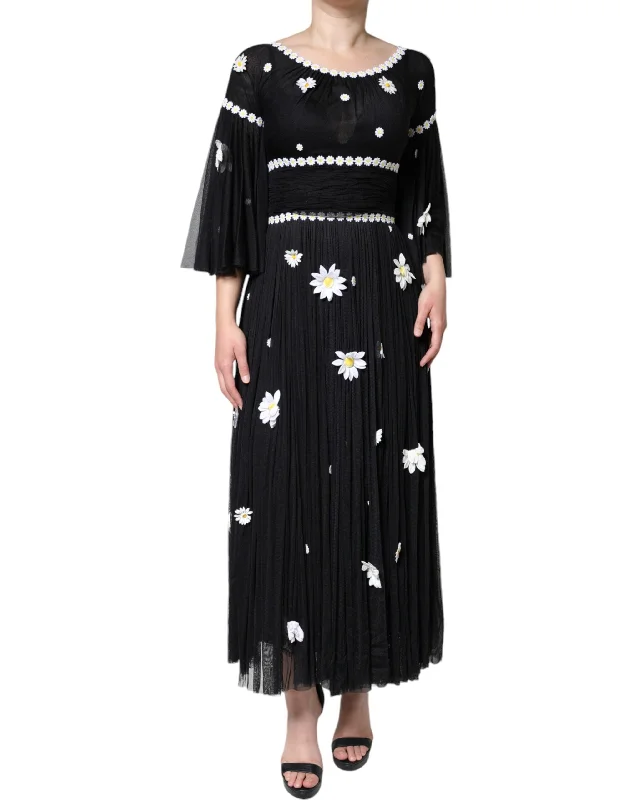 Glamour DressDolce & Gabbana Black Silk Daisy A-line Long Maxi Dress