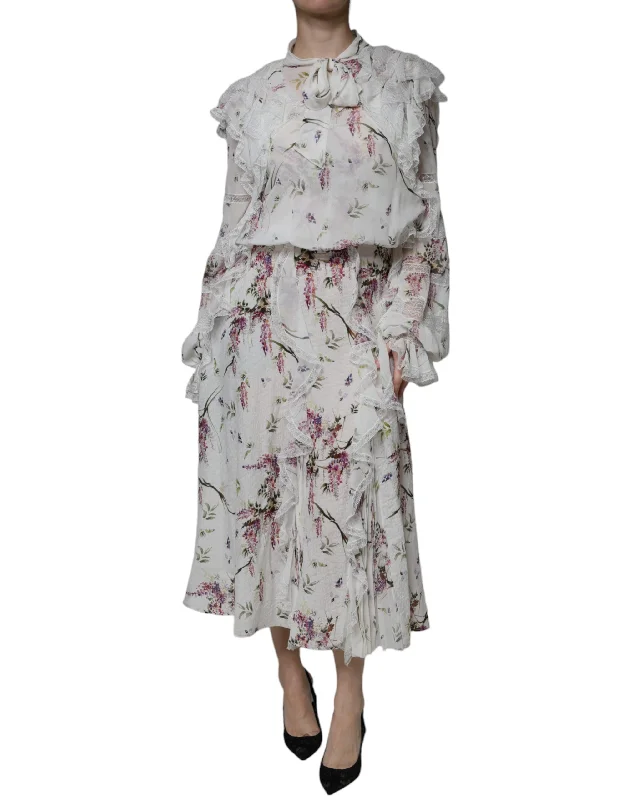 Chic DressErmanno Scervino White Floral Ruffles Lace Long Sleeves Maxi Dress