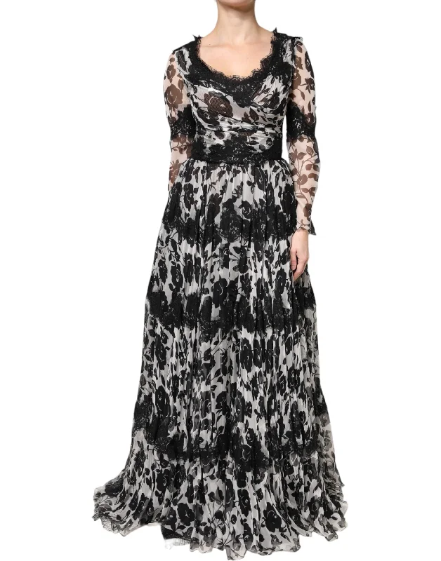 Vintage DressDolce & Gabbana Black Silk Floral Lace Ricamo Ball Maxi Dress