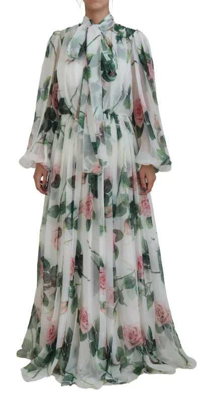 women's denim dressesDolce & Gabbana Elegant White Silk Maxi Dress with Rose Print