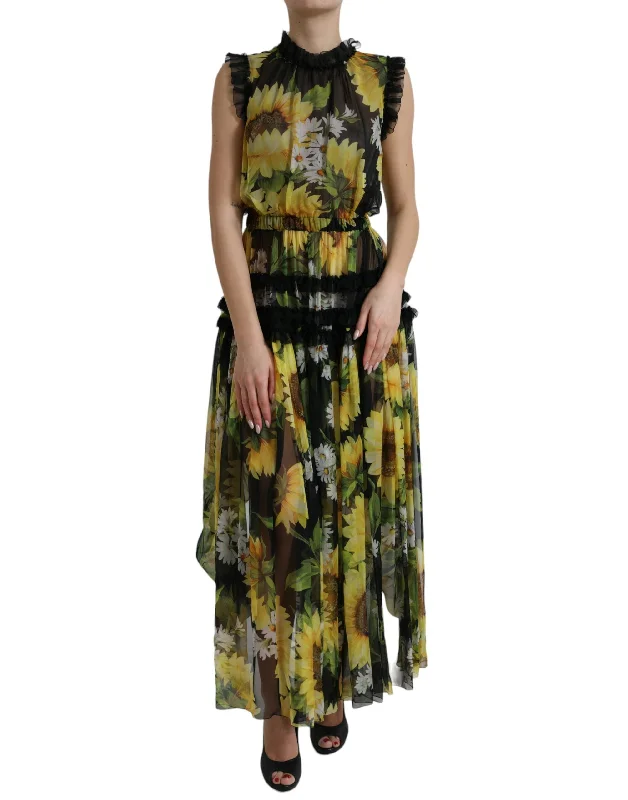 women's velvet dressesDolce & Gabbana Elegant Sunflower Silk Maxi Dress